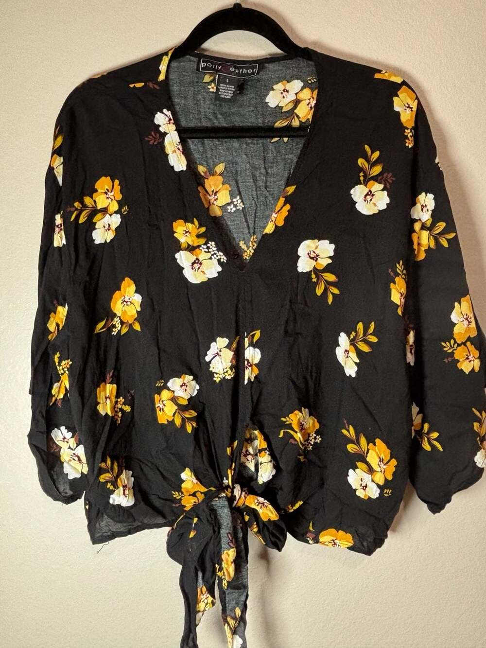 Polly & Esther Black and Yellow Floral Print Tie-Front Blouse